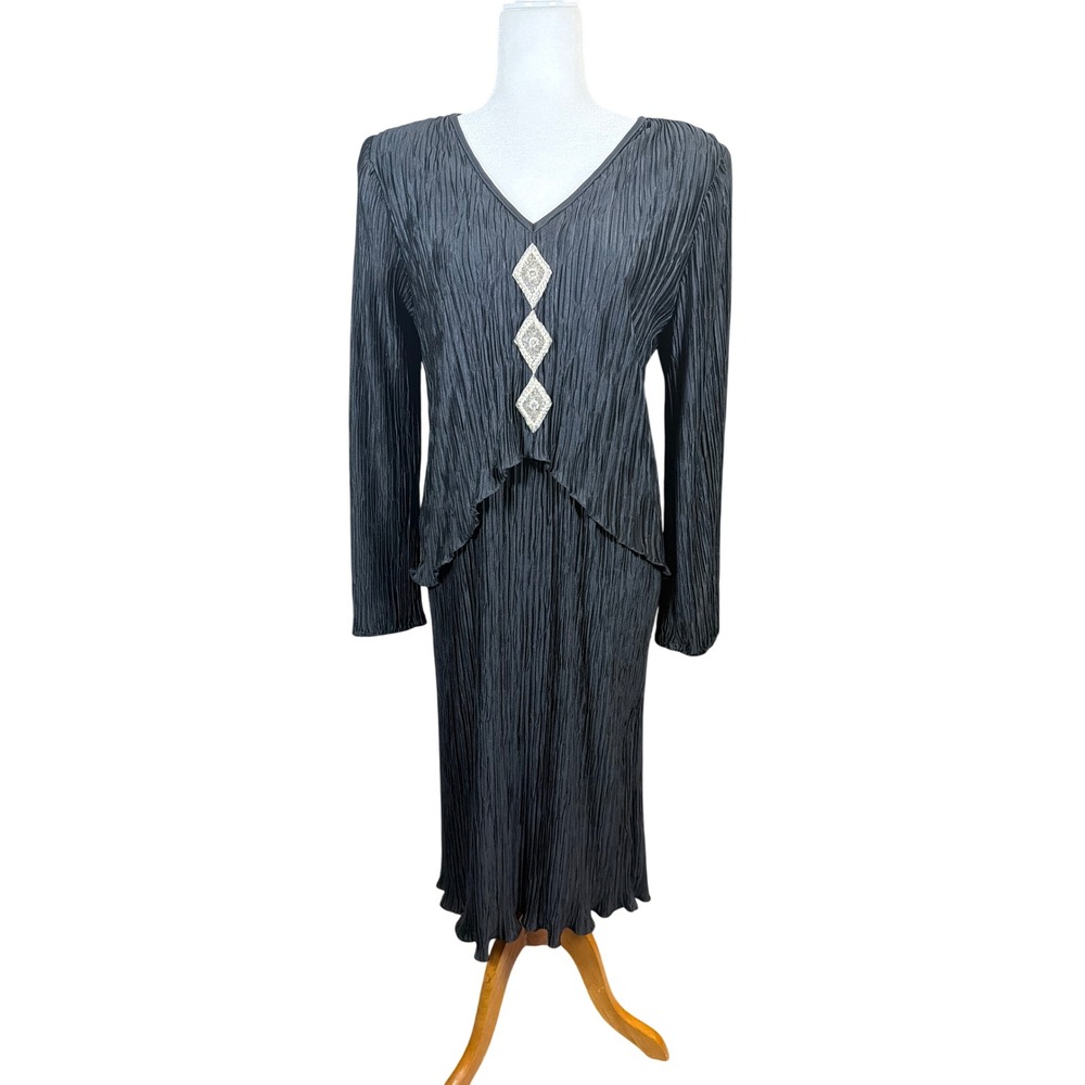 After Dark Black Micro Pleated Midi Dress V-Neck Rhinestone Long Sleeve Vintage